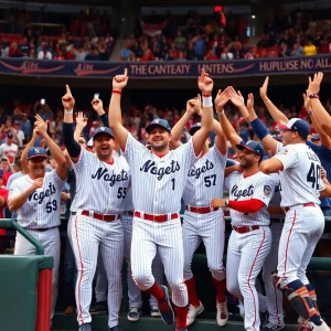 ECU baseball team celebrating after a game win