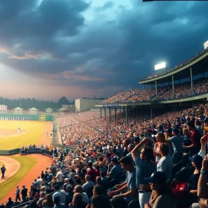 ECU baseball team playing against Memphis Tigers in a packed stadium