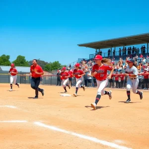 Michigan softball players playing during a game