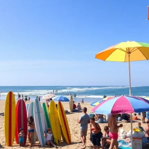 Families enjoying a sunny day at a beach with surfboards and umbrellas.