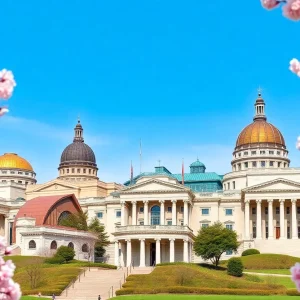 A view of the Smithsonian Institution's museums during cherry blossom season.