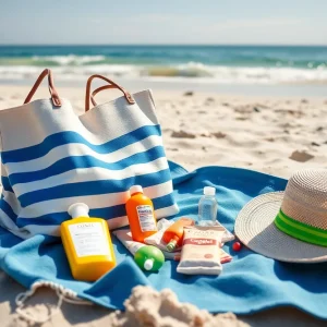 Beach packing essentials on a sandy shore