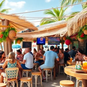 People enjoying meals at a beachside restaurant with tropical decor