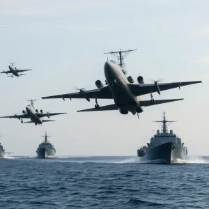 Chinese military drills near Taiwan showcasing naval and air force activities.