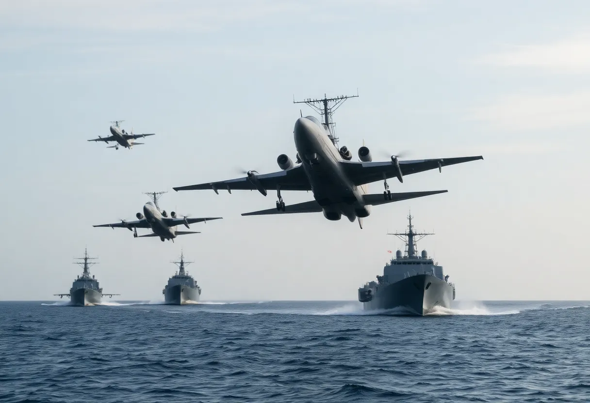 Chinese military drills near Taiwan showcasing naval and air force activities.