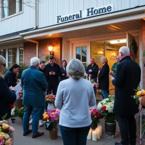 Community members gather to remember a beloved resident with flowers and candles.
