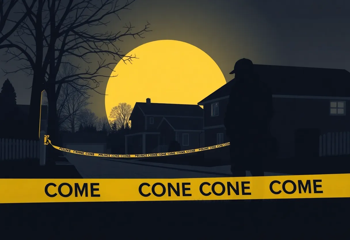 Illustration of a crime scene with police tape in a neighborhood