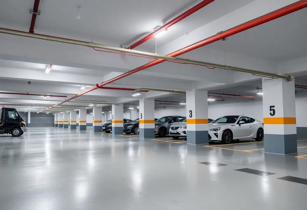 Durable Traffic Floor Coating applied in a parking garage under harsh environmental conditions.