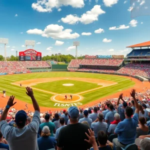 ECU Pirates baseball team celebrating a victory with fans in the background
