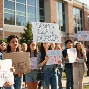 Students participating in a protest at East Carolina University advocating for campus safety and student rights.