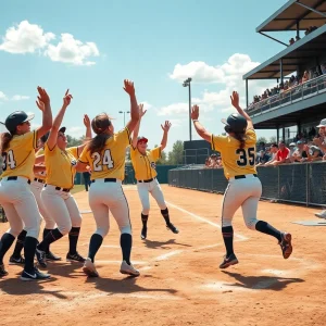 East Carolina University softball team celebrates victory in a game.