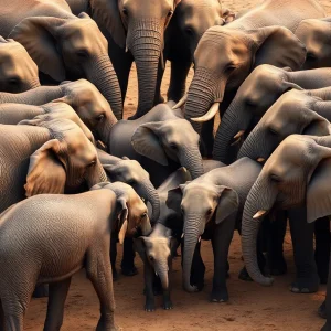 Herd of elephants forming a protective circle around younger elephants during an earthquake.