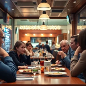 Scene depicting a family dinner at a restaurant with a focus on security measures.