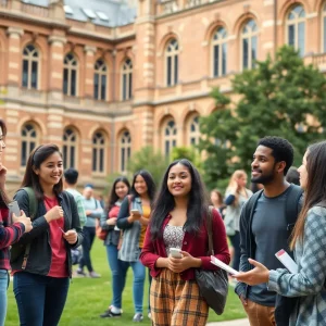 Students discussing on Harvard University's campus