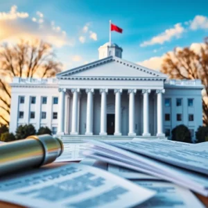 Government building with documents representing budget discussions