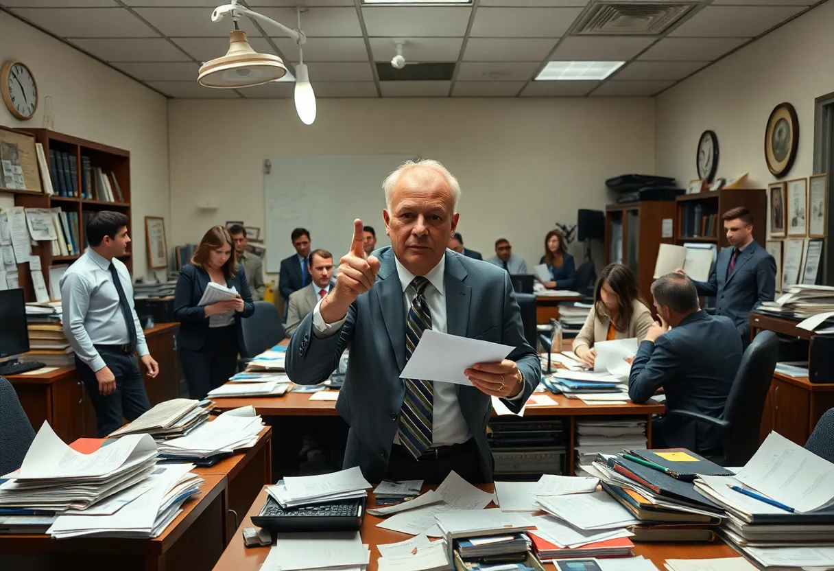 An office scene depicting turmoil and unrest in a government agency.