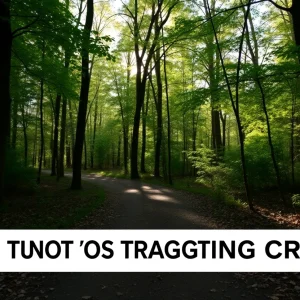 A serene view of a trail surrounded by trees