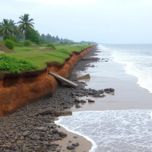 Coastal erosion in Mangalore showcasing loss of land and community protection efforts.
