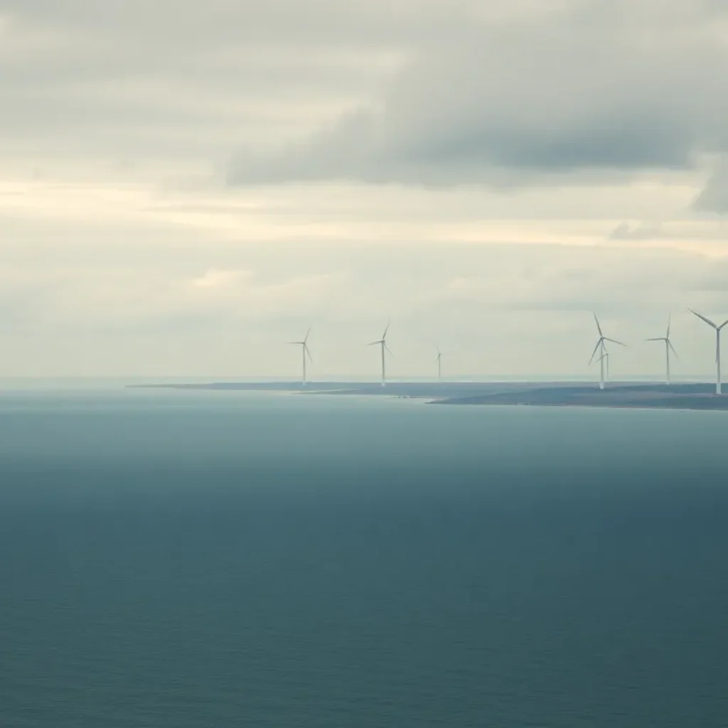 A panoramic view of North Carolina's coastline showing offshore wind potential with wind turbines in the background.