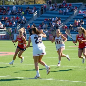 Women's lacrosse players in action during a game.