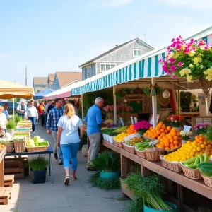Bright and bustling Outer Banks farmers market in spring with fresh produce and flowers.