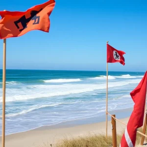 Warning flags on Outer Banks beach due to rip currents
