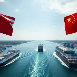 Panama Canal with ships and flags representing China and the United States.
