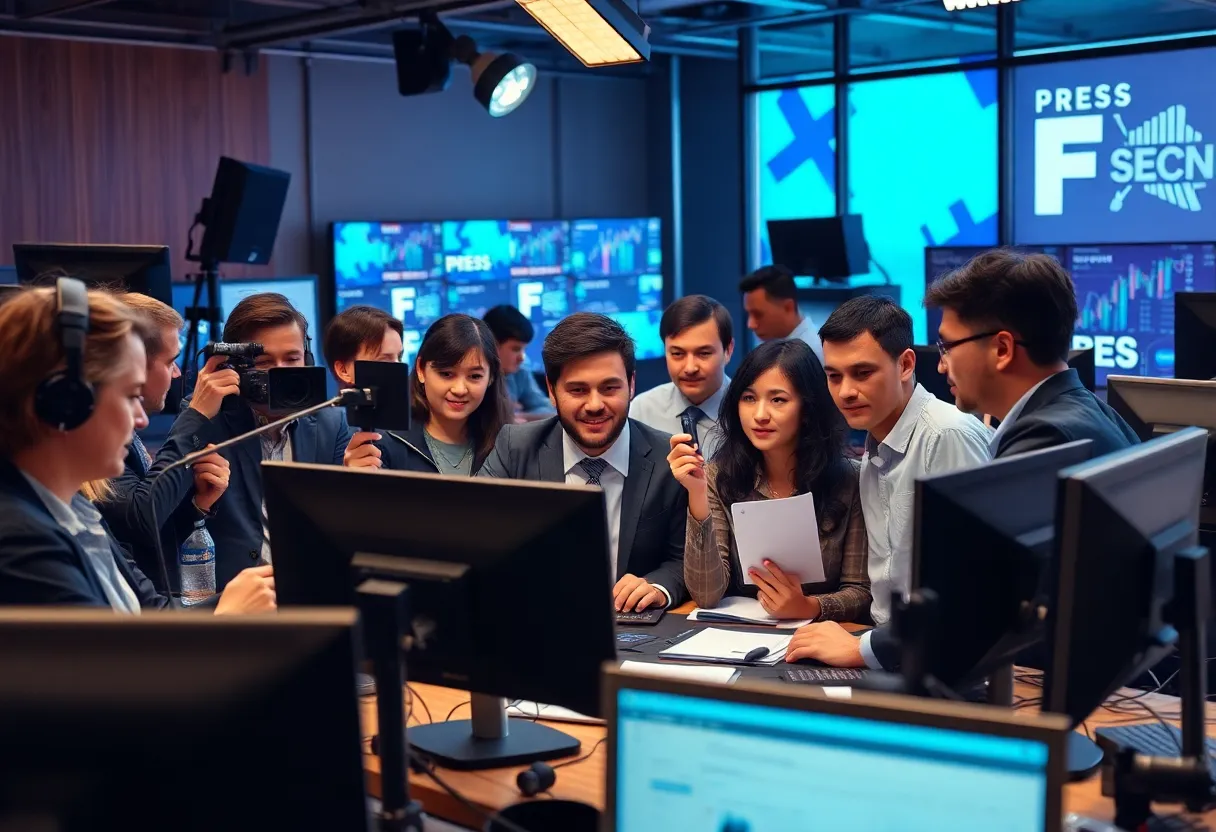 Journalists collaborating in a newsroom environment.