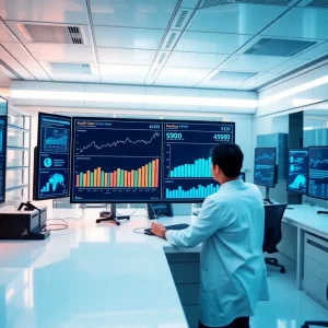 Researchers in a lab analyzing autism data on screens