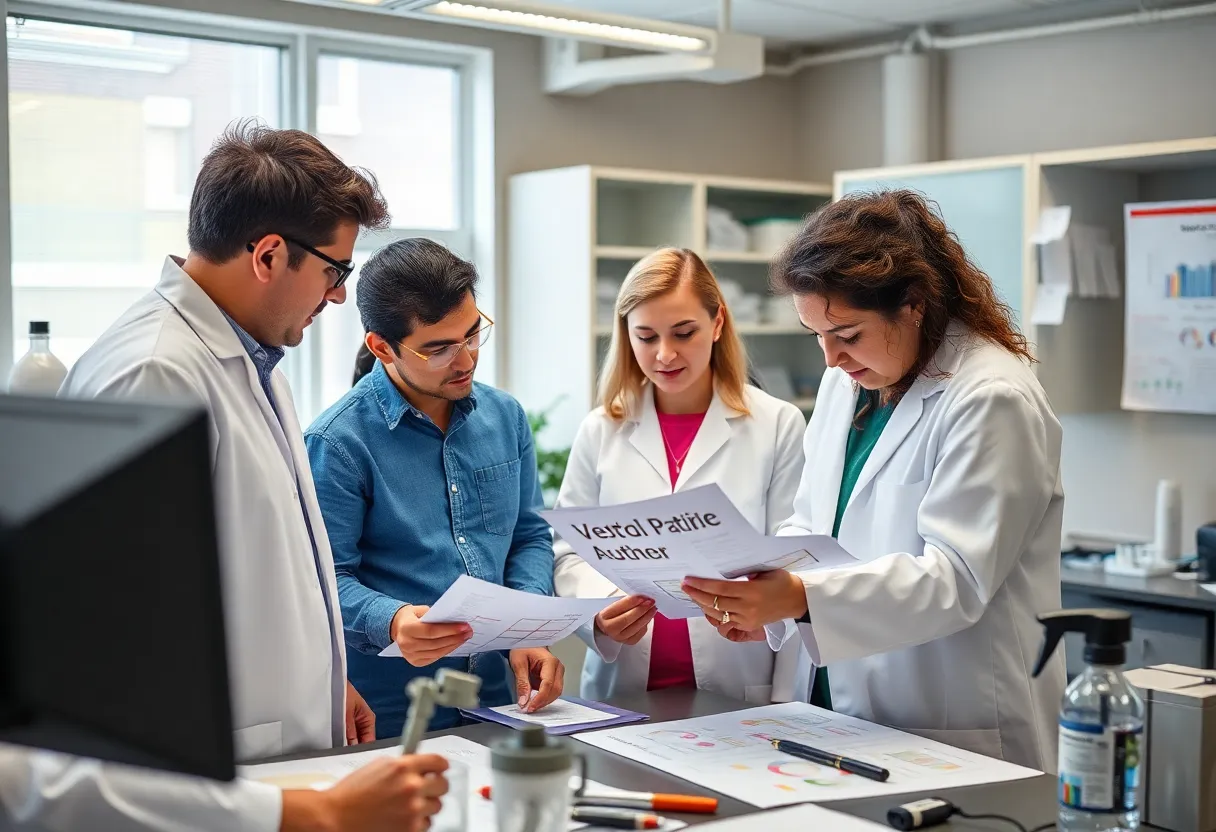 Scientists collaborating on autism research in a lab setting