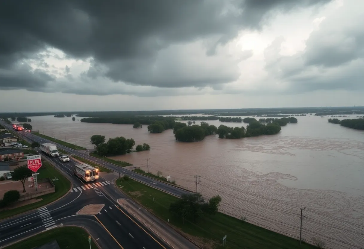 Emergency services responding to severe flooding in the Mid-South region.