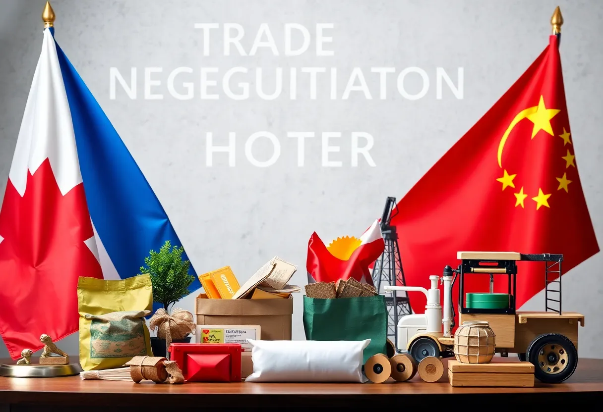 Representation of trade negotiations with flags and goods