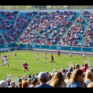 UNC Women's Lacrosse team celebrates a victory on the field with fans in the background.
