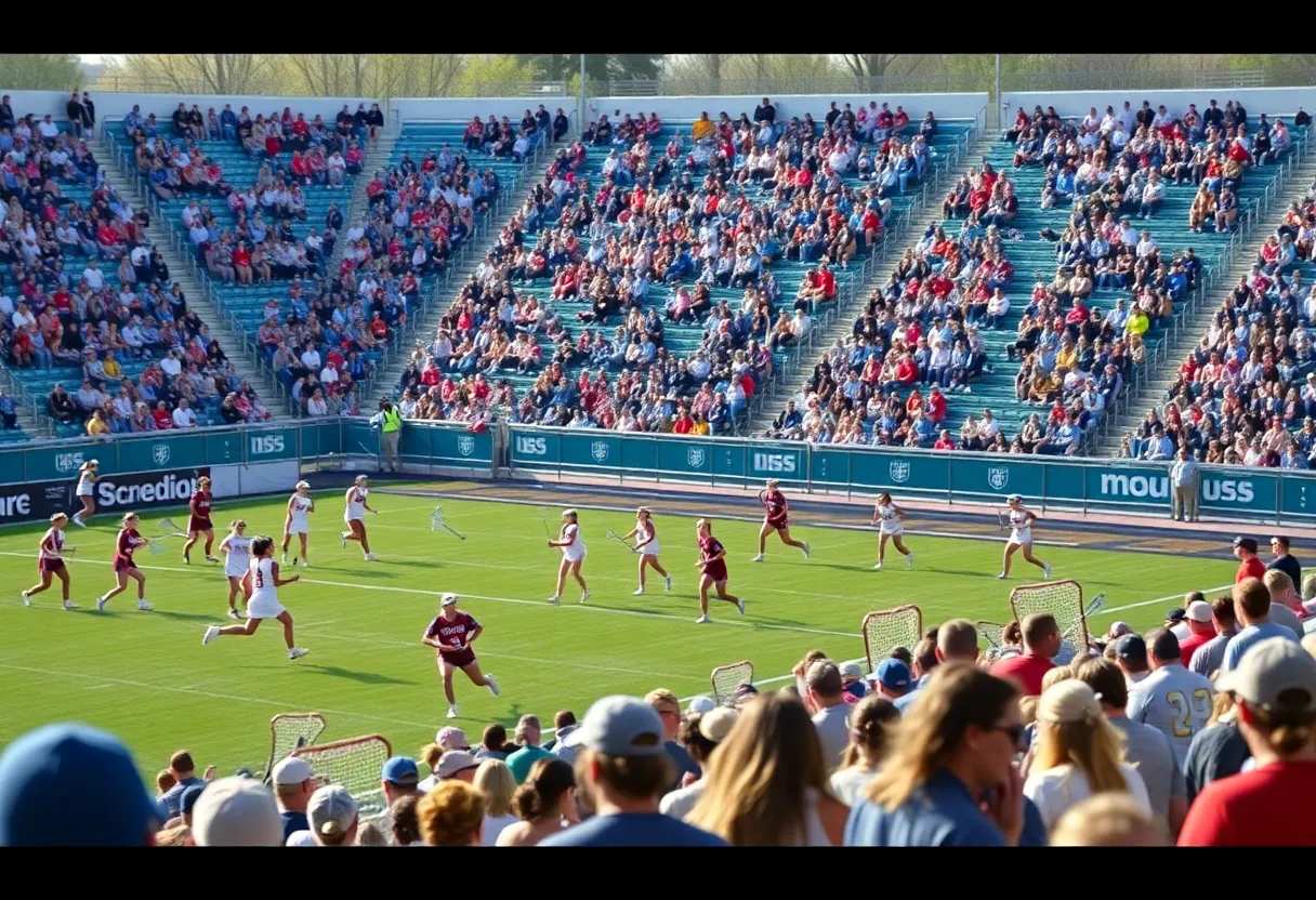 UNC Women's Lacrosse team celebrates a victory on the field with fans in the background.