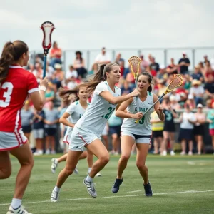 Women's lacrosse players from UNC competing during a game