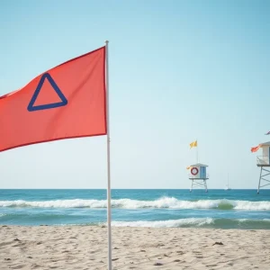 Beach with lifeguard tower and warning flags about rip currents