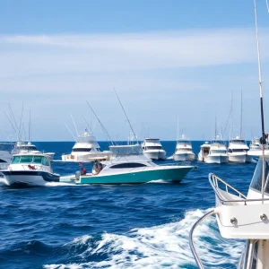 A vibrant scene of the Big Rock Blue Marlin Tournament with boats and anglers participating