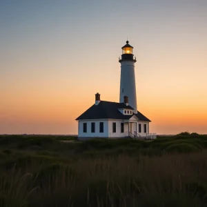 A picturesque view of Bodie Island Lighthouse surrounded by the coastal landscape at dusk
