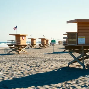 Beach safety signage at Cape Hatteras with lifeguard station