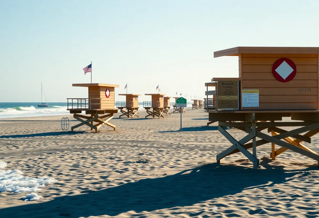 Beach safety signage at Cape Hatteras with lifeguard station