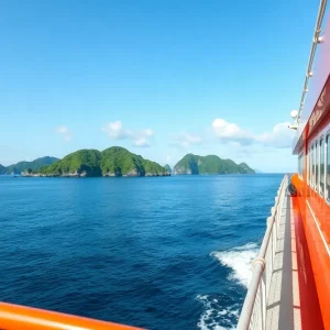 A ferry navigating through coastal waters in North Carolina.