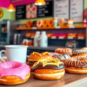A variety of colorful donuts with toppings displayed in Duck Donuts shop.