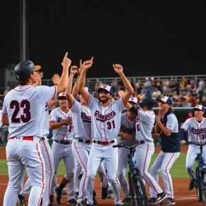 East Carolina baseball team celebrates victory during AAC tournament.