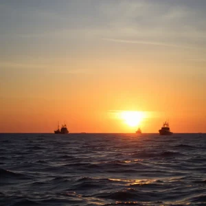 Coastal scene showing fishing boats on the Atlantic Ocean