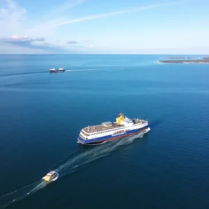 Aerial view of the Hatteras-Ocracoke ferry route with ferries in North Carolina.
