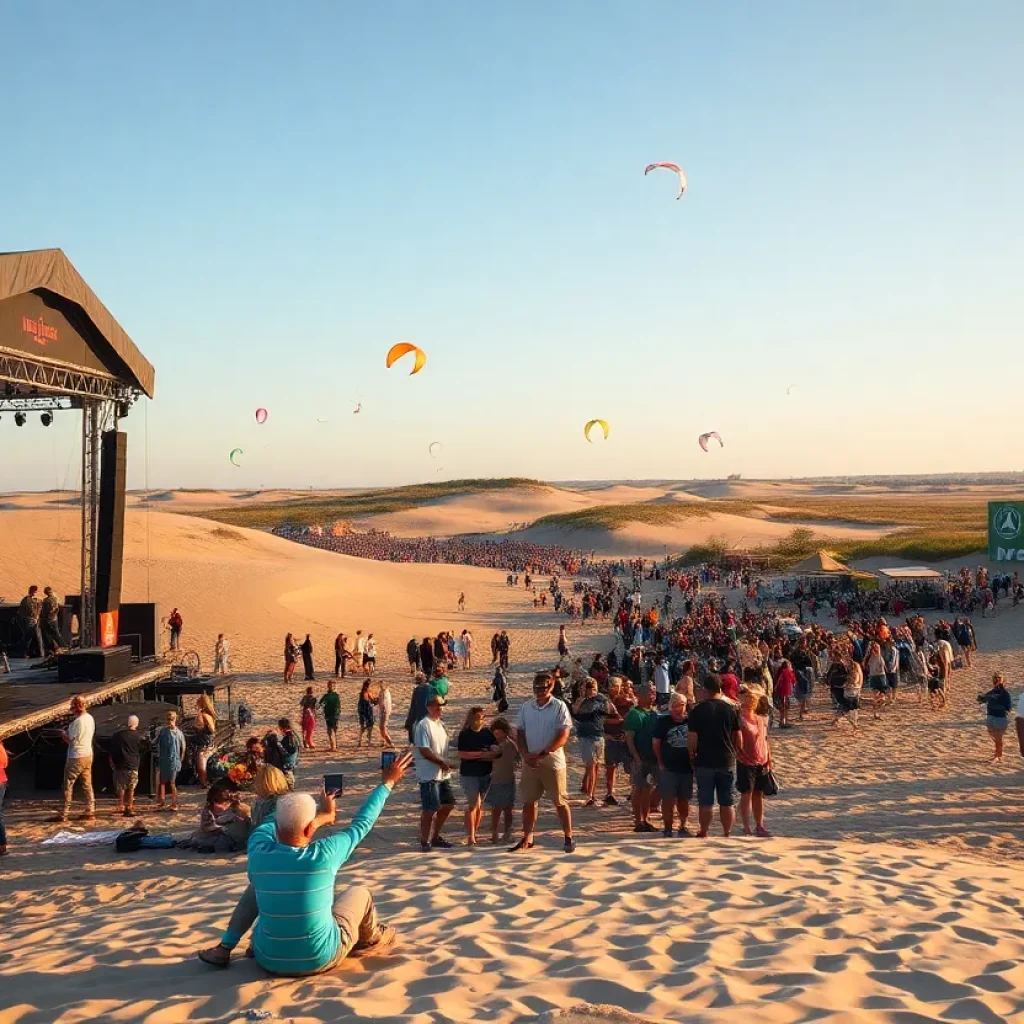 Celebration scene at Jockey's Ridge State Park with attendees and kites