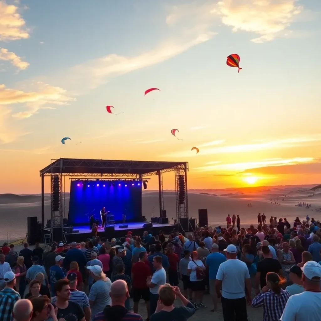 Outdoor celebration at Jockey's Ridge State Park with crowd and stage.