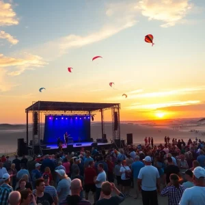 Outdoor celebration at Jockey's Ridge State Park with crowd and stage.