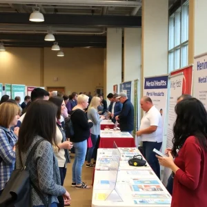 Community members engaging with exhibitors at the Mental Health Expo