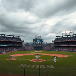 Crowd waiting for the NC State baseball game to start under threatening weather.